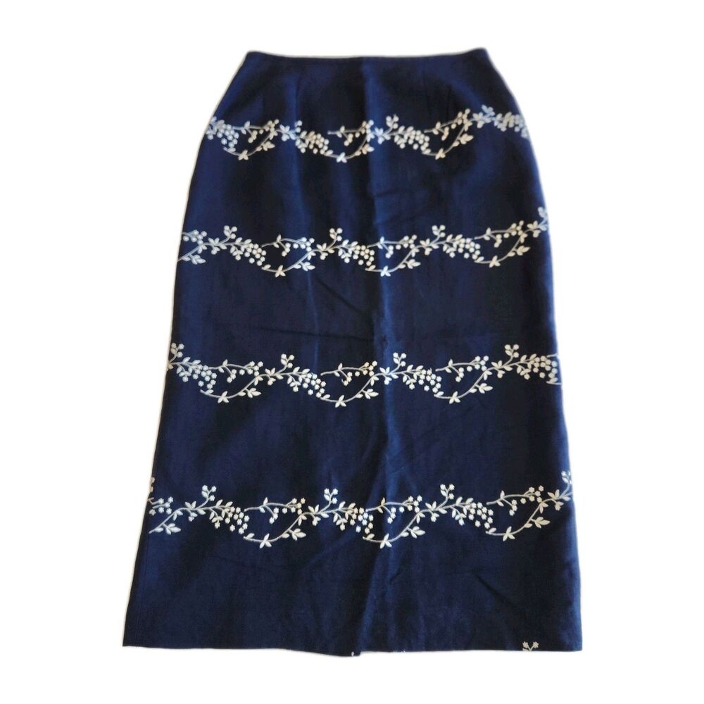 Kasper Vtg  Linen Blend Navy with White Floral Embroidery Midi Skirt Women SZ 8